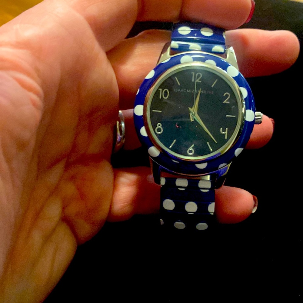 Isaac Mizrahi Live Navy polka dot Stretch watch